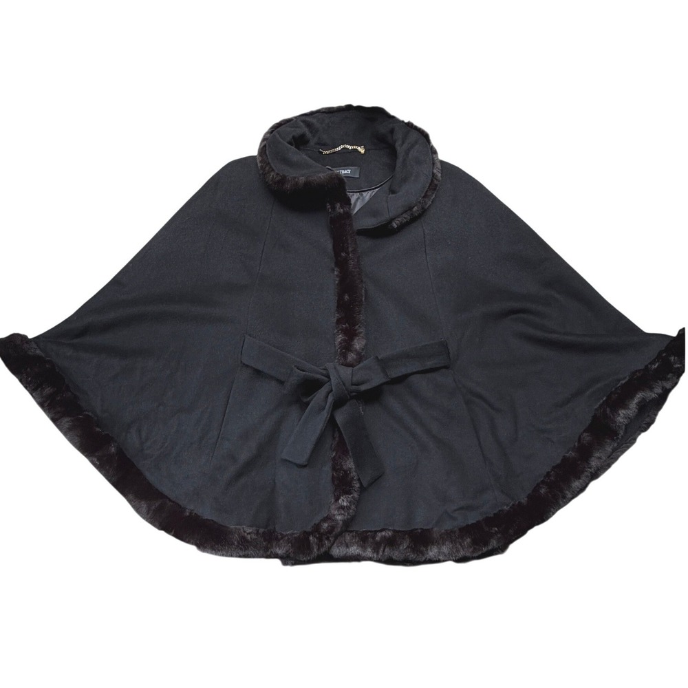 Ellen Tracy Wool Blend Faux Fur Trim Belted Poncho Cape Coat Black M Winter Glam - Picture 15 of 16